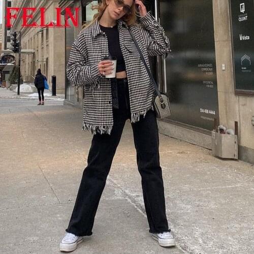 Womens Blazer Za Black Plaid Print Office Lady Tassel Blazer Female Long Sleeve Pockets Oversized Jackets Women Chic Vintage