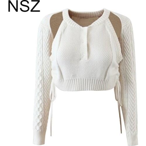 NSZ Women Cold Shoulder Knit Sweater 2021 New Pullover Fashion Knitwear Ladies Pull Femme Jumper Female Crop Top Jersey