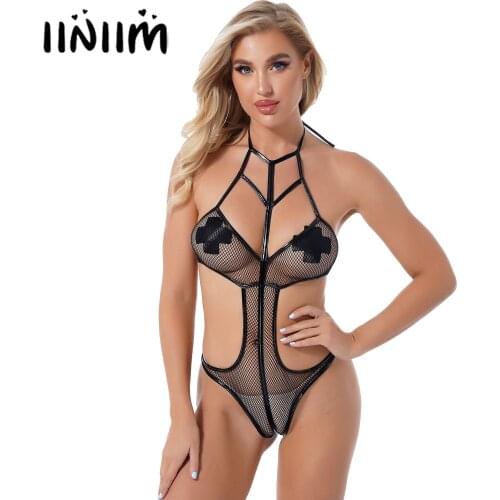 Womens See-through Mesh Leotard Cutout Catsuit Strappy Hollow Out Fishnet Bodysuit Halter Lace-up Erotic Lingeries Teddies