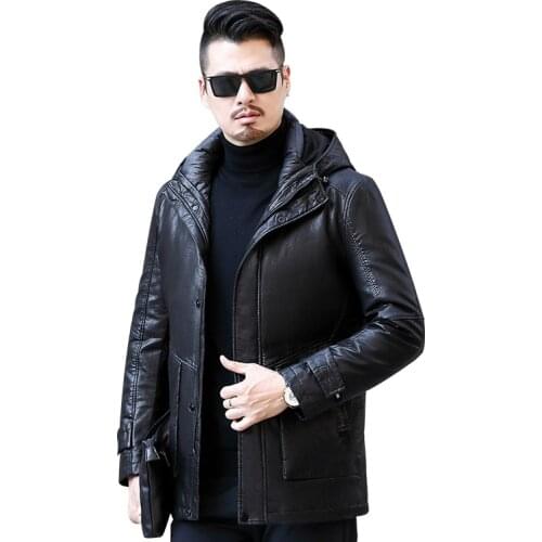 Winter Jacket Real Leather For Men New Keep Warm Detachable Cap Leather Down Jacket Mid-Length Thick Middle-Aged Clothing 8935