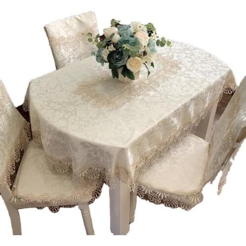 7 Pcs/Set Lace Oval Tablecloth And Chair Cover Set, Can Be Matched With European, American And New Chinese Furniture