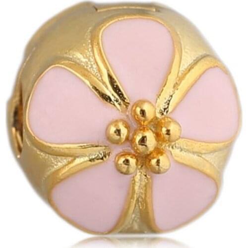 Authentic S925 DIY Jewelry Peach Bloom Clips Stoppers Charm fit Lady Bracelets & Bangles Enamel Shine