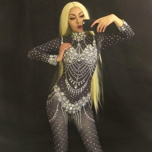 Black Sparkly Crystal Bodysuit Sexy Leggings Jumpsuit Women Dance Costume Performance Stage Wear Female Singer Rhinestone Dress
