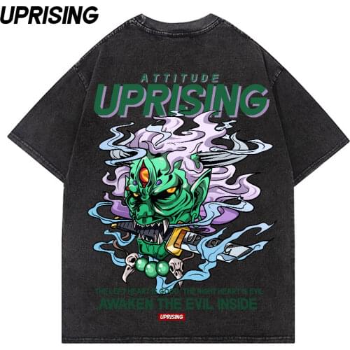 Demon devil ghost Pain Printed T Shirt Men Retro Washed oversized Tops Tees Harajuku Tshirt Streetwear Hip Hop Male T-shirts