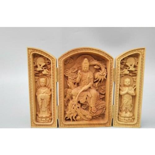 Chinese Wood Carving Guanyin Bodhisattva Buddha Riding Dragon Statue
