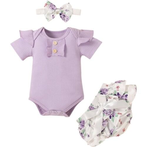 2021 0-18M Infant Baby Girl Clothing Set Purple Solid Color Button Short Sleeve Romper+Bow Floral Layered Tutu Shorts Skirt 3pcs