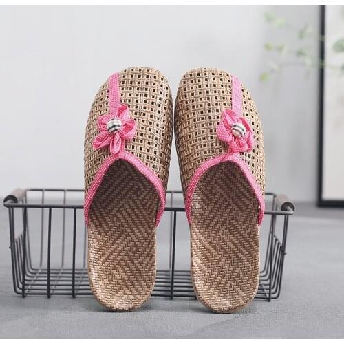 STONE VILLAGE New Summer Weaving Flax Indoor Slippers Women and Men Non-slip Linen Home Slippers Slides Cute Floral Flat Shoes