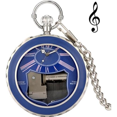 Fashion Blue Steampunk Luminous Surface Musical Movement Pocket Watch FOB Chain Hand Crank Playing Music Unique Quartz Watch