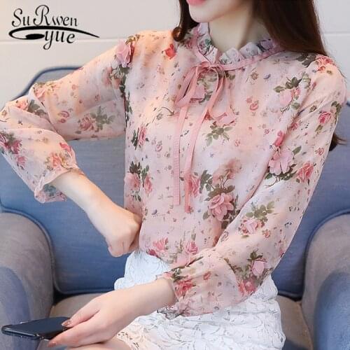 New Women Blouse Shirt Fashion 2021 Long Sleeve Sweet Print Womens Clothing Applique Ruffled Neck Feminine Tops Blusas D470 30