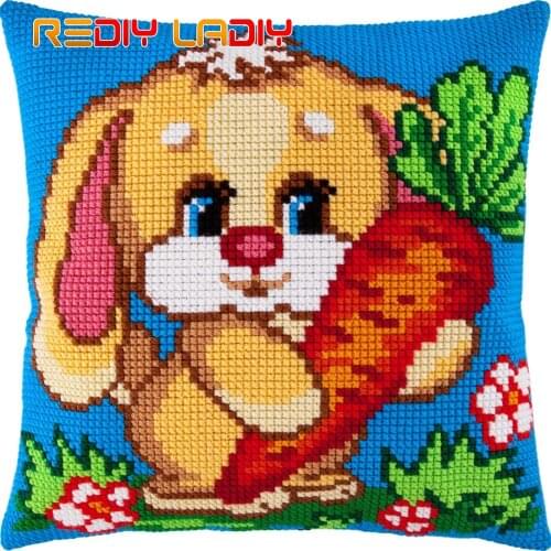 Cross Stitch Cushion Hare with a Carrot Pillow Case Pre-Printed Canvas Acrylic Chunky Yarn Needlepoint Cross-stitch Art & Crafts
