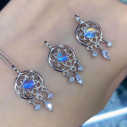 Dangle Dainty CZ & Natural Rainbow Moonstone Flower Pendant In 925 Sterling Silver Jewelry/moonstone necklace 925 silver