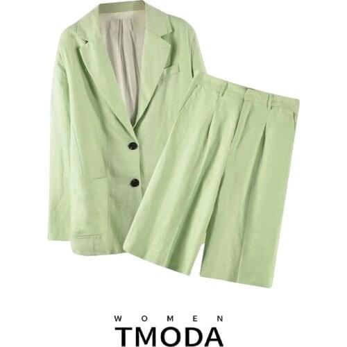 TMODA1410 Za 2021 Summer Woman Green Flax Suit Set Lady Chic Blazer Jacket And High Waist Suits Shorts Female Two Piece Set