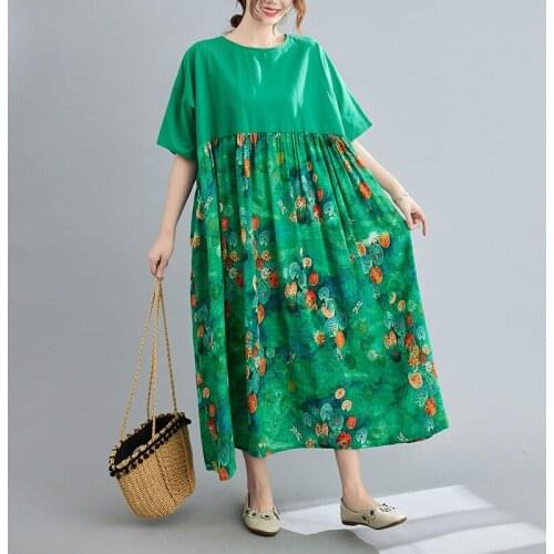Patchwork Print Floral Vintage Green Dress Cotton Linen Short Sleeve Loose Summer Dress Plus Size Women Travel Casual Long Dress