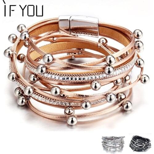 IF YOU Vintage Multiple Layers Leather Bracelets For Women Classic Rope Chain Beads Charm Bracelets & Bangles Jewelry Gifts New
