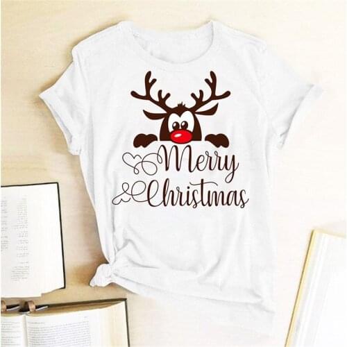 Female T-shirt Cartoon Deer Head Print Christmas T-shirt Short Sleeve Round Neck Harajuku Graphic T-shirt Tee Top Female