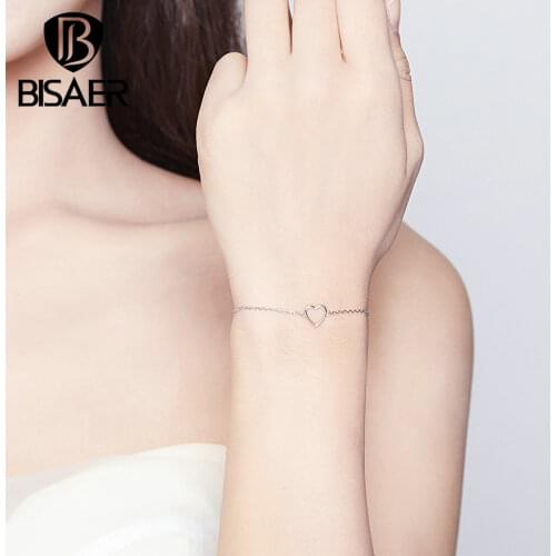 Chain Bracelets BISAER 100% 925 Sterling Silver Love Heart Chain Women Bracelets Lobster Clasp Sterling Silver Jewelry ECB159