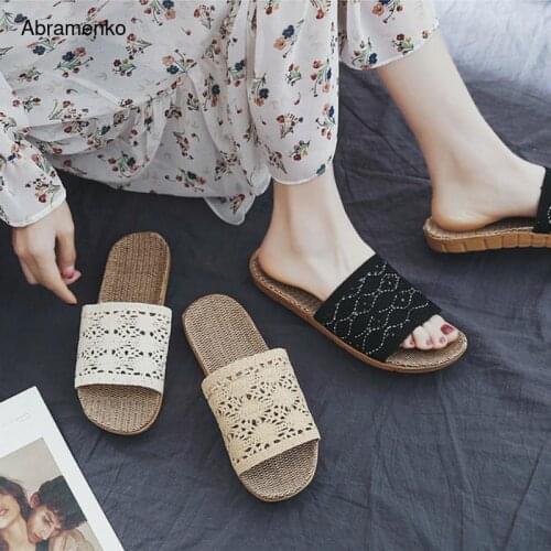 Women Summer Slippers Flax Shoes Anti-slip Linen Home Indoor Summer Open Toe Hollow Flats Shoes Slippers Female Shoes Size 35-40