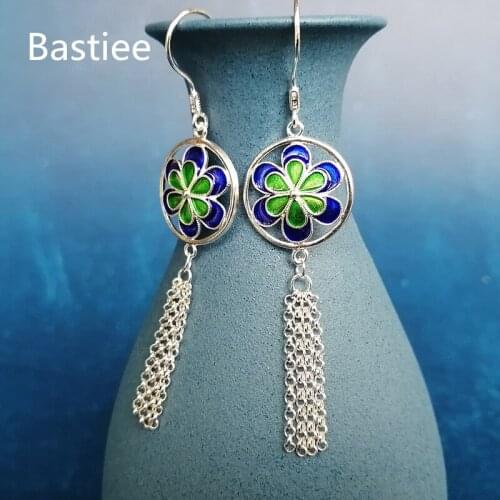Bastiee Round Tassels 999 Sterling Silver Earrings For Women Cloisonne Enamel Jewelry Luxury Miao Handmade Long Earings Blue