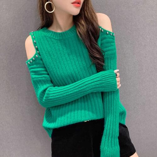 Candy sweater womens new autumn winter 2021 solid color off shoulder sweater womens Pearl loose long sleeve top Pullover