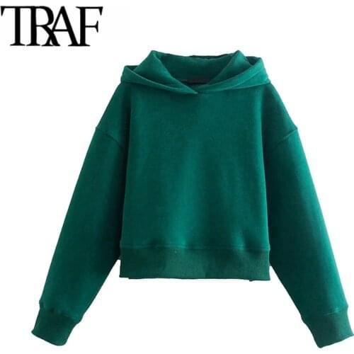 TRAF Women Fashion Loose Cropped Ribbed Hoodies Sweatshirts Vintage Long Sleeve Side Vents Female Pullovers Chic Tops