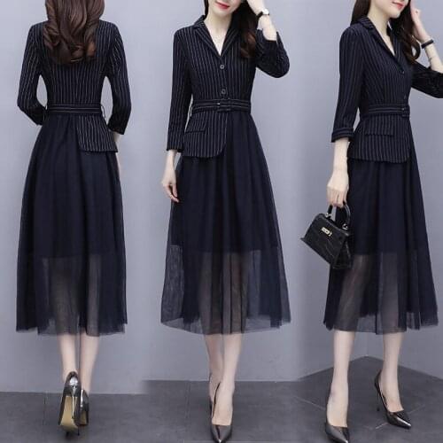 Fashion Temperament Slim Professional Suit Dress Spring Autumn 2021 Chic Long Sleeve Mesh Patchwork Blazer Dress Workwear M231