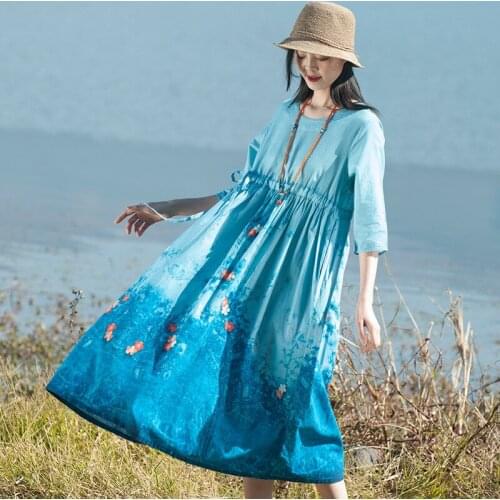 Women Loose Cotton Linen Printed Dress Ladies Waisted Plus Size Dresses Female 2020 Half Sleeve Dress Spring Summer