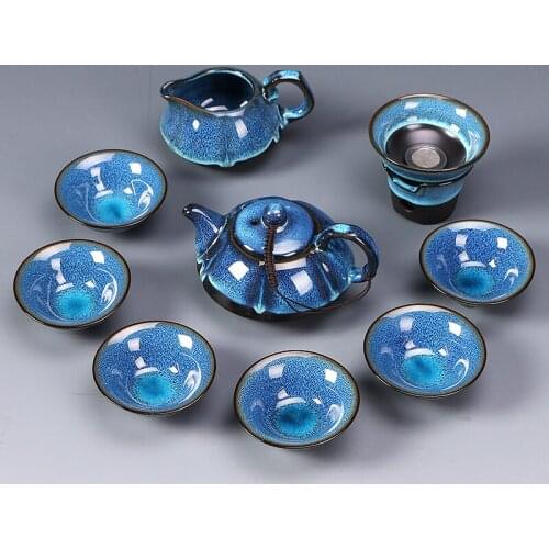 10 pieces Whole Set Ceramic Oil drops Blue Amber Glaze Kung Fu tea set Jun Kiln Famous Japanese Jianzhan Tea Kettle Cup Set