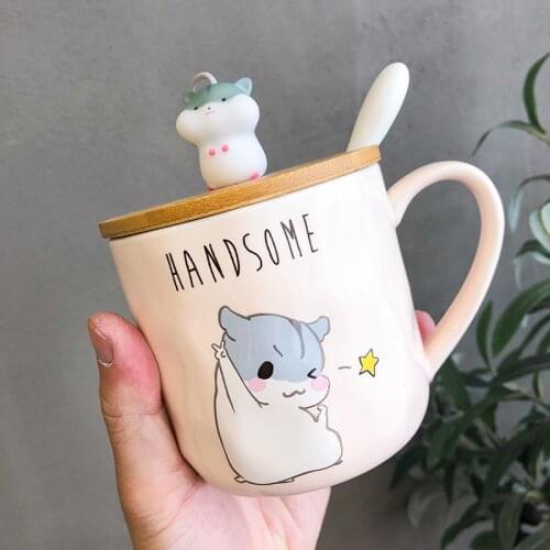 400ML Korean Creative Simple Hamster Mug Cartoon Cute Spoon with Lid Personality Couple Water Cup Home Breakfast Cup