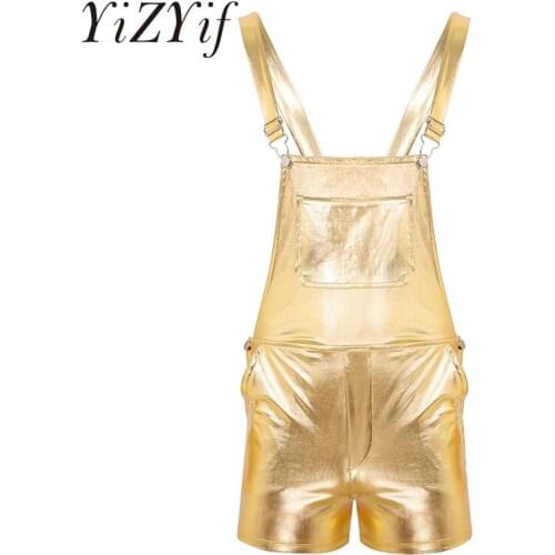 Shiny Metallic Bib overalls For Man jumpsuits Adjustable Wide Shoulder Straps Bib Overall Suspender Shorts Festival Fancy Dress