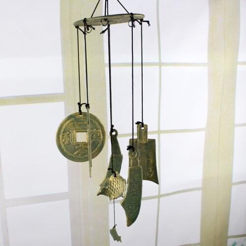 Rustic Brown Cast Iron Hanging Chinese FengShui Wind Chime,Unique Vintage Metal Hanging Decor for Outside, Garden