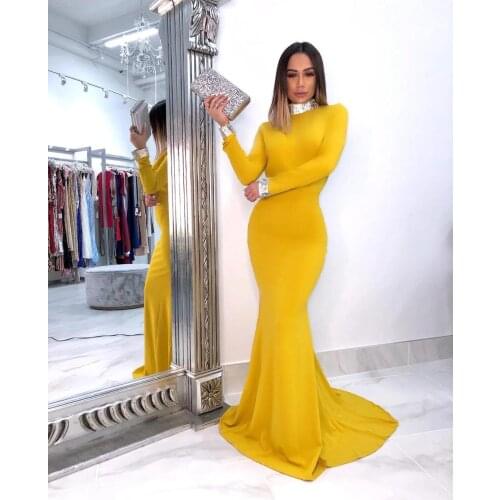 Yellow Spandex Mermaid Prom Dresses Long 2021 O Neck Backless Long Sleeve Formal Evening Dress Robe De Soiree