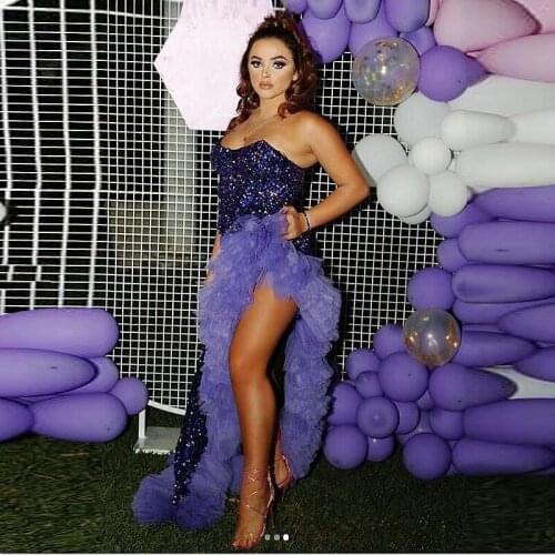 Purple Sexy Sequined Prom Dresses Strapless Sequins Ruffles Tulle Side Split Celebrity Women Party Gowns Birthday Evening Dress