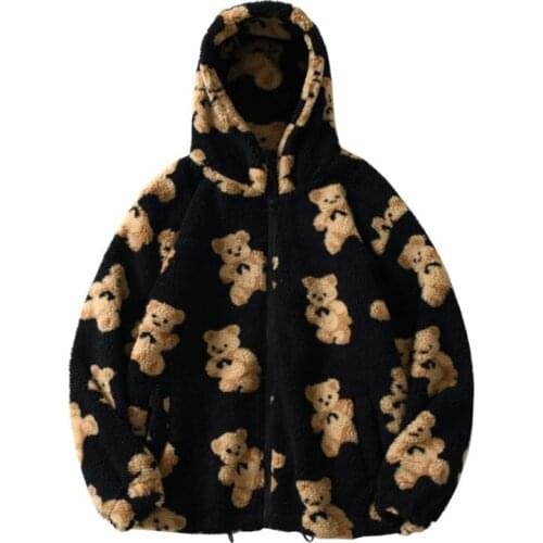 Harajuku Wool Bear Print Zipper Fashion Hoodies Men 2021 Jackets Streetwear Loose Winter Couple Korean Coat Outwear Streetwear