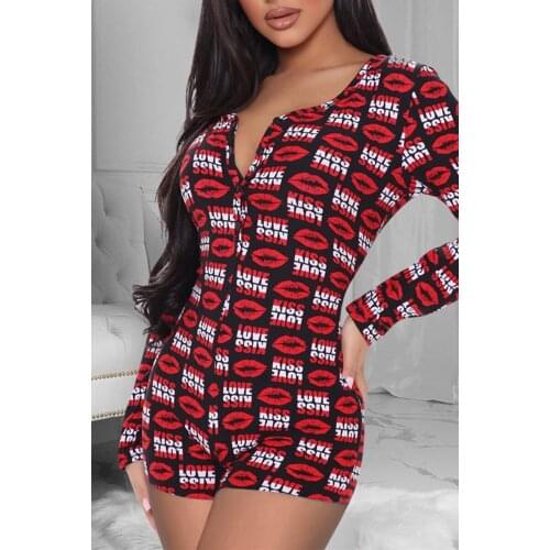 Imcute Valentines Day Sexy Women Romper Jumpsuit Sleepwear Home Wear V-neck Bodycon Button Long Sleeve Leotard Playsuit 2021