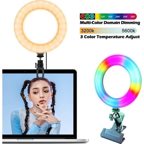 New Clip Dimmable LED Ring Light Clamp Mount Desk Makeup Video Rotatable RGB Ring Lamp for Live Steam Computer Webcam Light
