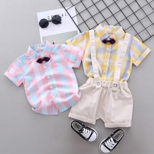 Summer Boys Gentleman Clothes Outfit Suit Colorful Plaid Shirt + Suspender Shorts 2Pcs Baby Kids School Dress