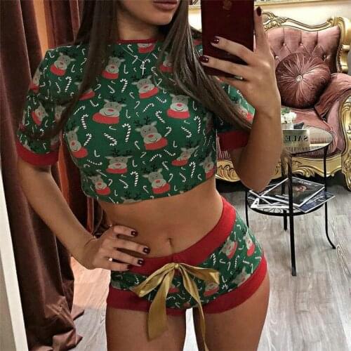 Fashion Sexy Christmast Printed Crop Tops Sexy Short 2 Pieces Women Sets 2 Piece For Women Pants And Top Christmas Party Pajama