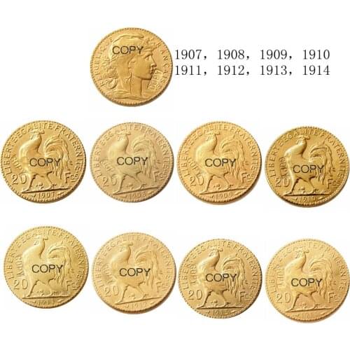 A set of 1907 - 1914 8pcs France 20 Franc Rooster Gold Plated Copy Coin