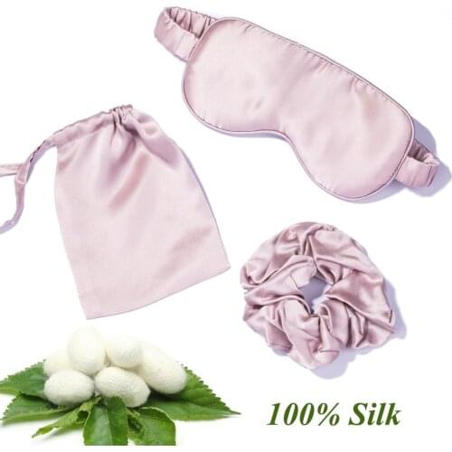 100% Mulberry Silk Sleeping Mask 19 Momme 3PCS Set Sleeping Eye Mask Silk Scrunchies Silk Storage Drawstring Bag for Travel