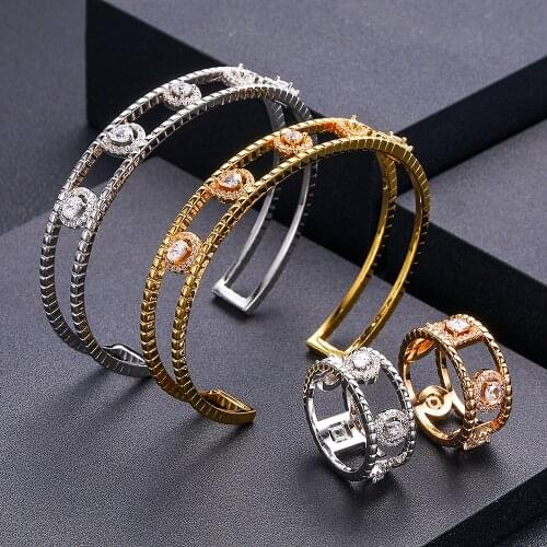 Jankelly luxury Unique African Bangle Ring Set Jewelry Sets For Women Wedding Cubic Zircon Crystal CZ Dubai Bridal Jewelry Set