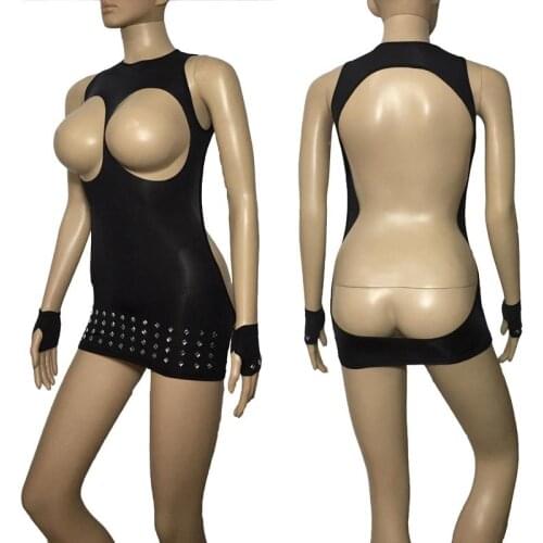 Sexy Opaque Black Cupless Backless Rhinestone Bodycon Mini Dress with Gloves Open Butt Open Bust Fetish Lingerie Set