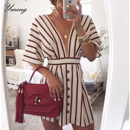 YMING Striped Printed Party Women Dress Boho Half Sleeve Dresses Button V-Neck Ladies Dresses Beach Sundress Female Vestidos