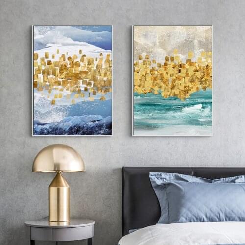 Simple and modern Nordic abstract sea gold leaf grain living room porch mural print poster canvas decorative painting