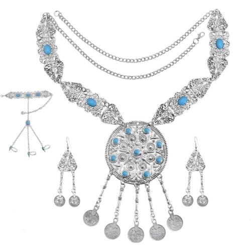 Retro Alloy Gypsy Jewelry Sets For Women Bohemian Vintage Green Red Stone Necklace Earrings & Bracelet For Outdoor Dancing Party
