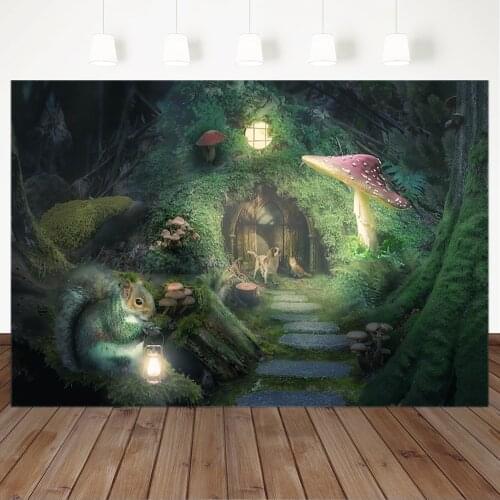 Fairy Forest Photography Backdrops Children Backgrounds for Photo Studio Tree House Dog Squirrel Mushroom Photo Background