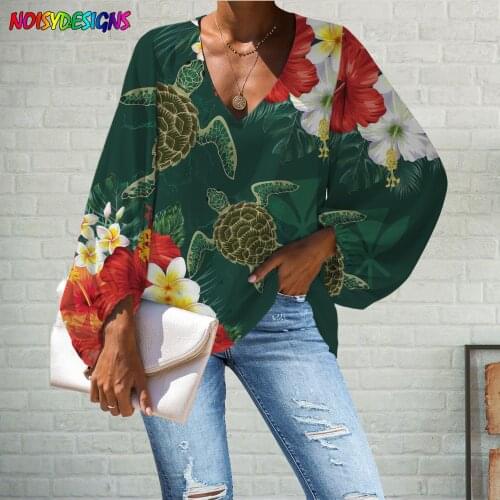 NOISYDESIGNS Women Chiffon Blouse Sexy V Neck Polynesian Hibiscus Turtle Print Femmes Blouses Shirts For Female Blusas De Mujer