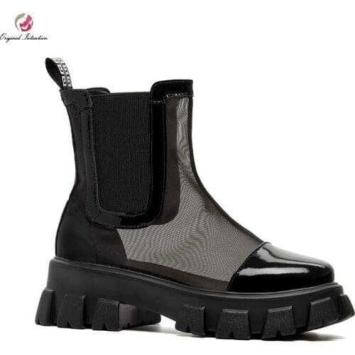 2021 Summer Women Cow Leather Sandals Boots Roman Round Toe Slip On Ankle Boots Woman Wedges Air Mesh Platform Thick Heels Pumps