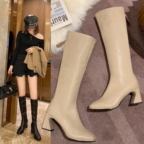 2021 fashion high heels women knee high boots pu leather office ladies dress shoes spring autumn boots woman big size 35-40 hot
