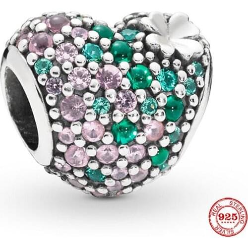 New 925 Sterling Silver Blue Pink Pavé Heart Flower Charm Fit Original Pandora Bracelet Charms Bead Berloque Women DIY Jewelry