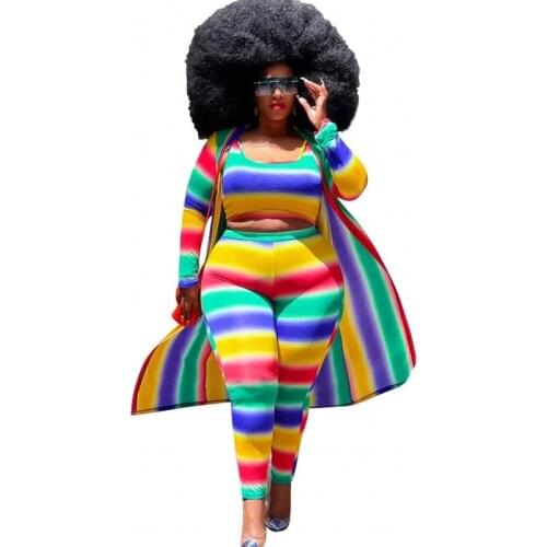Plus Size Women 3 Piece Set 3XL 4XL Cardigan Shawl With Tank And Pant Suits Colorful Striped Streetwear Oversize Tracksuit Sets